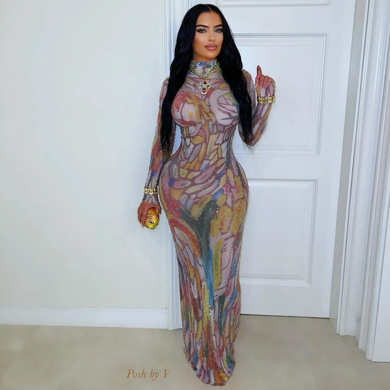 M-6203 Cross-Border Long-Sleeved Ink Painting Mesh Hot Diamond Designer Performance Clothing Sexy High-Elastic Celebrity Birthday Party