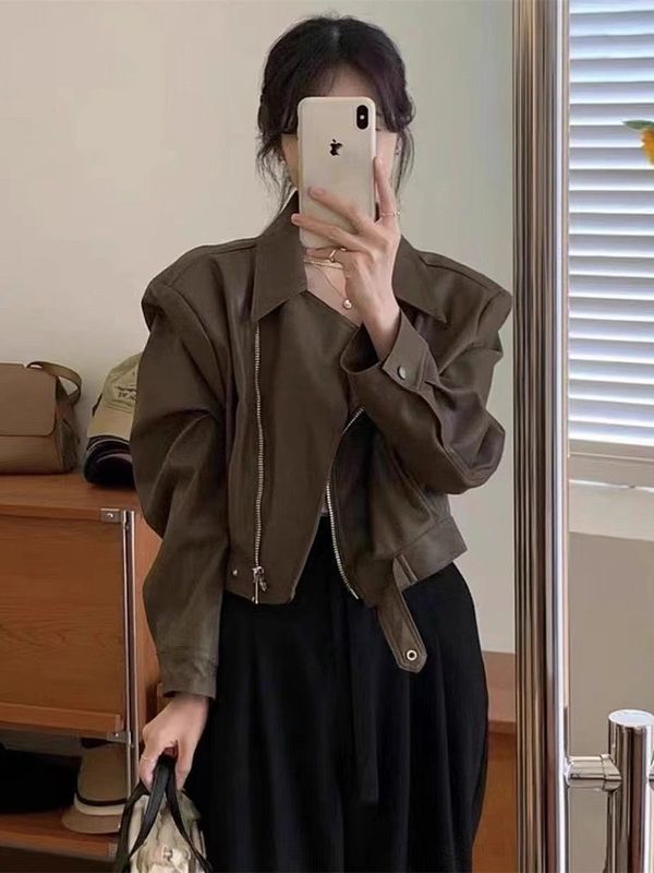 春秋时尚显瘦皮衣短款皮衣外套女气质翻领小个子PU皮显瘦百搭夹克|undefined