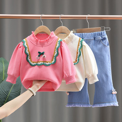 Baby Spring and Autumn Set New Style 0-4 Years Old Casual Lace Collar Embroidered Top and Casual Denim Two-Piece Set Manufacturer