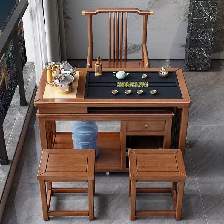阳台实木茶桌椅组合家用小型茶几旋转茶水柜移动功夫泡茶台套装