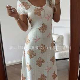 2026欧美跨境春夏小屋睡眠花卉蝴蝶结小熊印花装饰贴身女式连衣裙