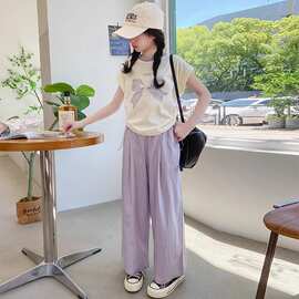 纯棉上衣女大童休闲套装夏季新韩版洋气女孩夏装短袖阔腿裤两件套
