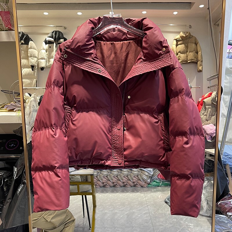 2023 New Wash-Free PU Leather Down Jacket Women's Short Vertical Collar Thickened Small Fashionable Bread Coat Winter Coat