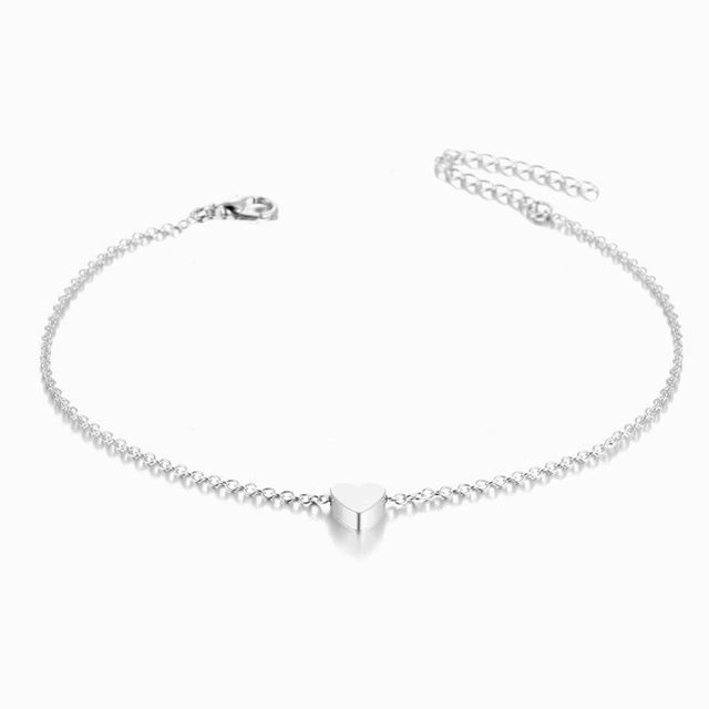  anklet (браслет на щиколотке) с сердечком, золотой или серебряный, круглые бусины, стиль лета на пляже