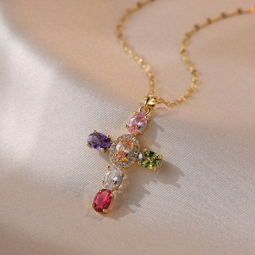 Necklace for women cross-border ins retro cross zircon bright versatile color light luxury personality niche clavicle chain