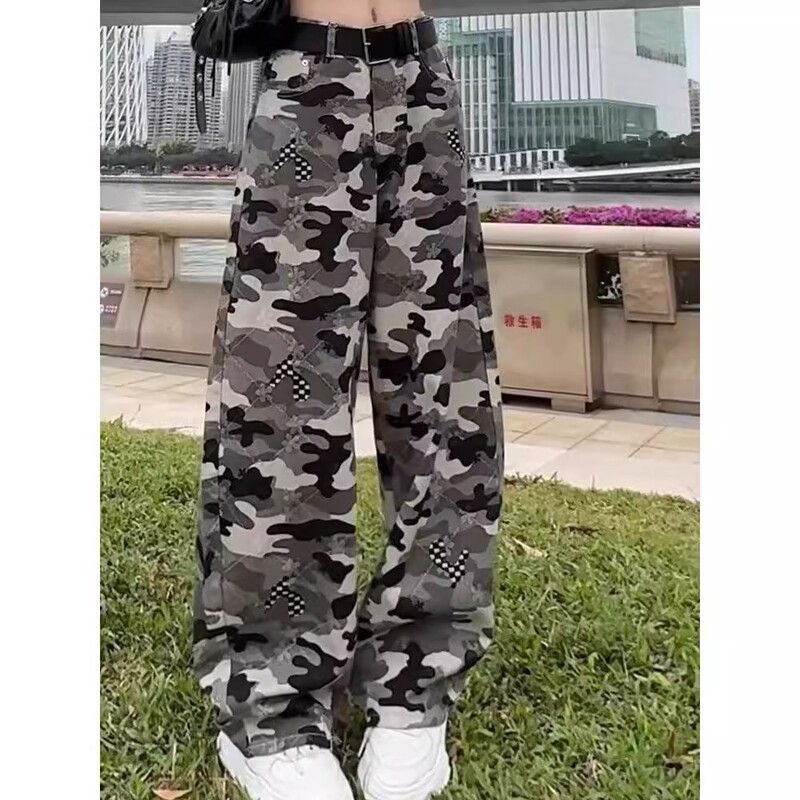 American High Street Vibe Camouflage Jeans for Men, Summer Cleanfit High-End Pants, Straight Loose Wide-Leg Pants