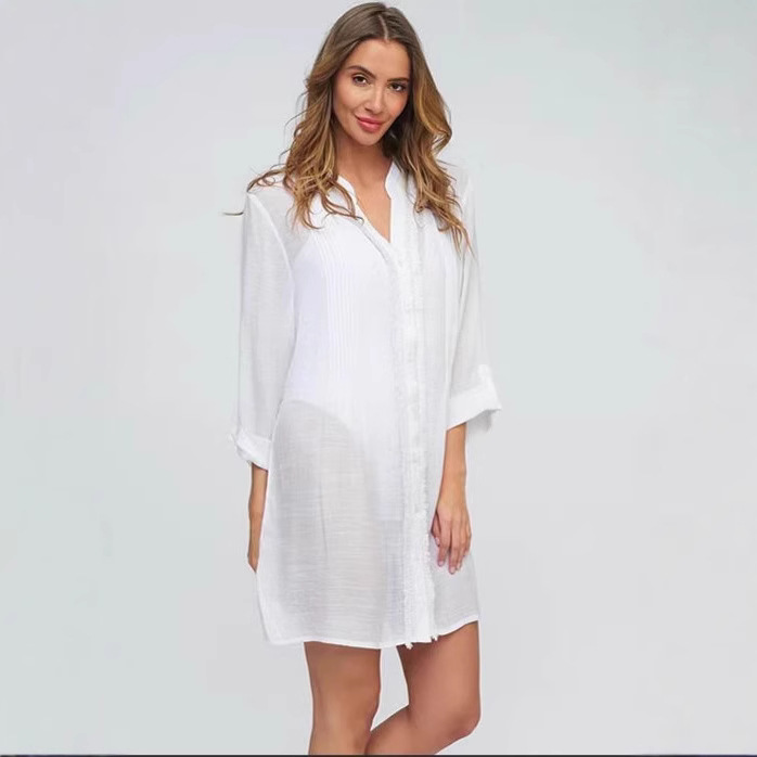 Amazon 2025 New Summer Pure Color Tassel Lace Shirt European and American Cross-Border Seaside Vacation Bikini Cover-Up