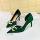 1363-AK77 Banquet High Heels Women's Shoes Suede Shallow Mouth Pointed Side Hollow Water Diamond Pearl Bow Single Shoes