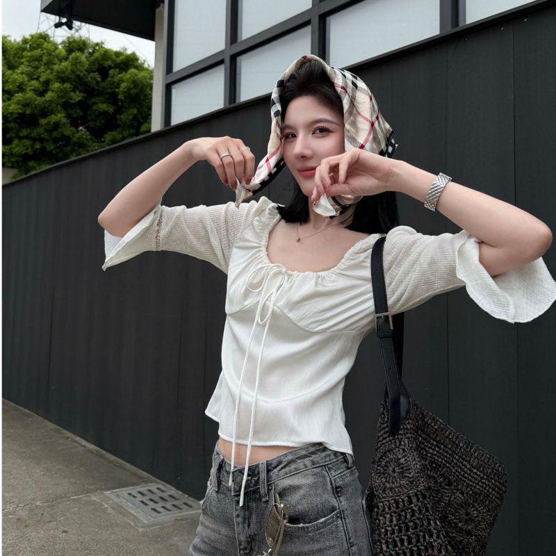 优质质量！复古缎面大圆领褶皱上衣女气质通勤高级chic别致衬衫女