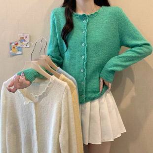 2025 plus size Women's New Green Lace Knitted Cardigan Early Spring Lazy Sweater