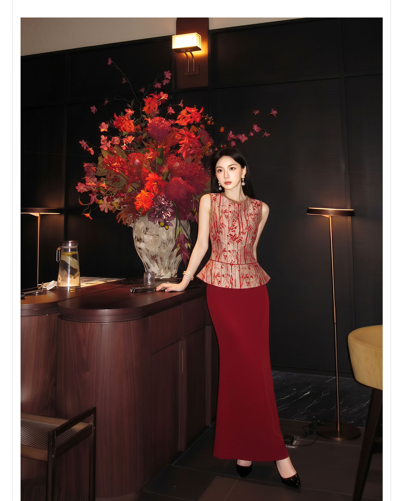 Set áo vest không tay và chân váy midi họa tiết thêu hoa văn cổ điển Trung Hoa — bộ đồ, nửa váy, Trang chủ chi tiết 3
