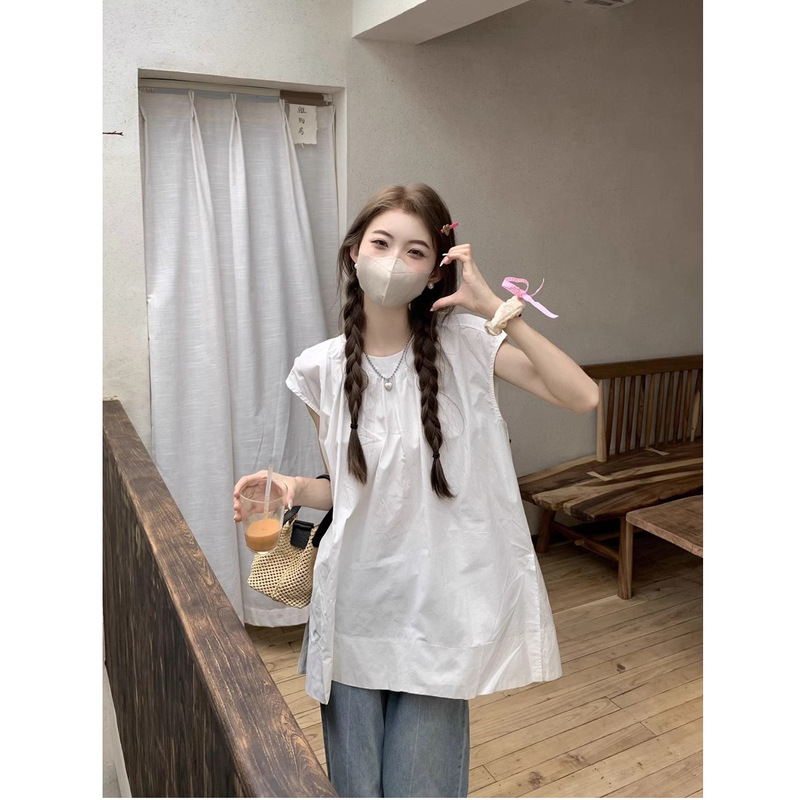 フレンチホワイト Tシャツレディース 2025 夏の新デザインニッチシャツ韓国シックなノースリーブルーズトップ|undefined