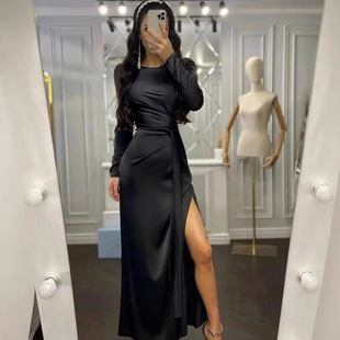 Amazon Europe and America Slim Waist Irregular dress Cross-border Winter Solid Color Long Sleeve Fashionable Elegant Long Dress
