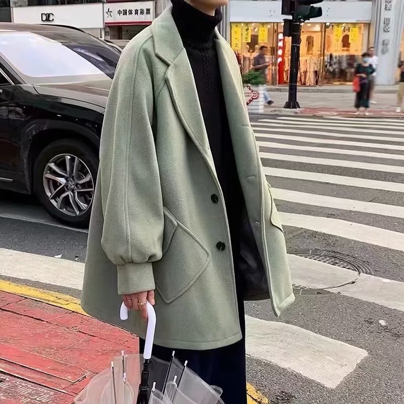 봄과 가을 새로운 모직 코트 남성용 느슨한 한국식 트렌디 코트 홍콩 스타일 캐주얼 청소년 모직 트렌치 코트