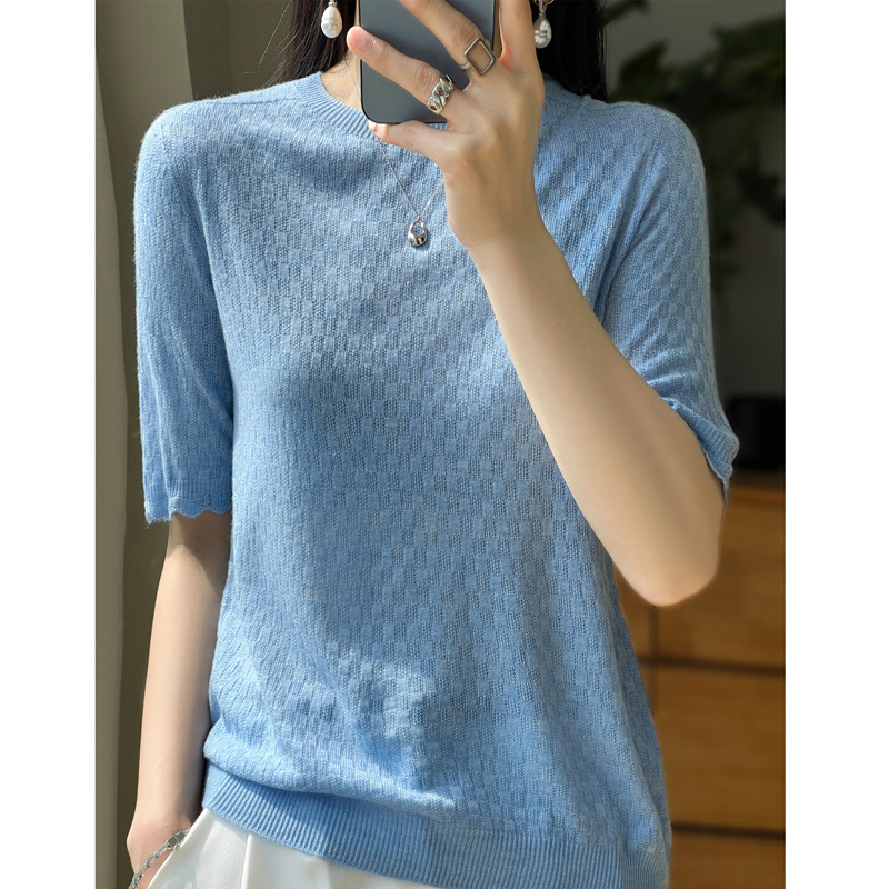 One-Line Readymade Garment Mid-Sleeve Lace Crewneck Worsted Wool Knitwear Women's Thin Sweater Top Short Sleeve Base Shirt