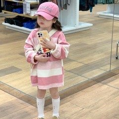 女童連衣裙2024春裝韓版童裝裙子印花粉色寬條紋相拼長袖公主裙