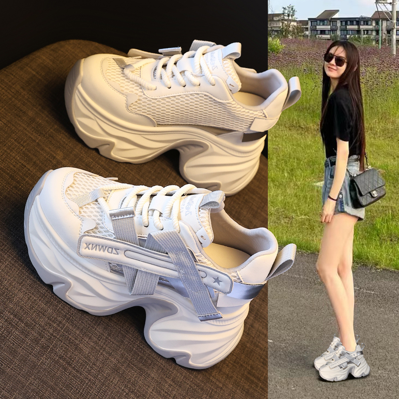 Giày sneaker nữ đế dày tăng chiều cao 11cm, phong cách daddy, lưới thoáng khí — màu đen