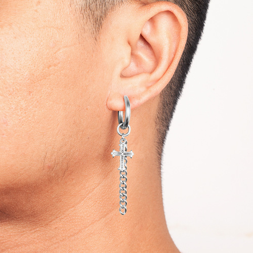 Japanese and Korean new trendy men's cross chain earrings stainless steel earrings hip-hop personality long tassel earrings