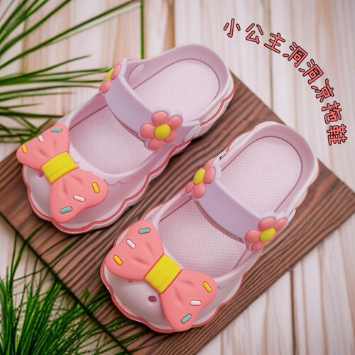Girls' Hole Shoes Children's Toe Covering Beach Shoes Mary Jane Anti-Slip Outdoor Summer Bowknot Little Girl Sandals 