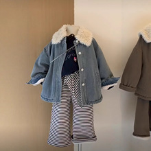 韩版女童牛仔加绒外套2025冬季新款洋气时髦复古毛领加绒牛仔外套