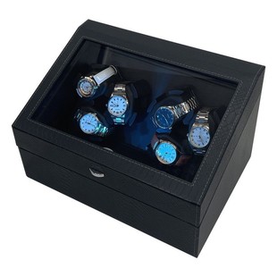 Wholesale In-Stock Snakeskin Pattern Leather 6+6 Watch Slots Automatic Watch Storage Winder with Ambient Light That Stops When the Lid Is Opened