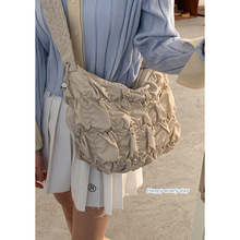 甜美少女风褶皱包包2025新款大容量托特包简约尼龙布单肩斜挎包