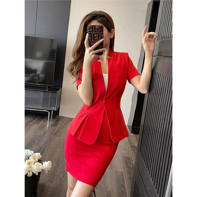 Летний тонкий элегантный костюм без воротника с короткими рукавами для женщин, для ежегодного собрания, ведущей, официантки в ювелирном магазине, рабочая одежда.