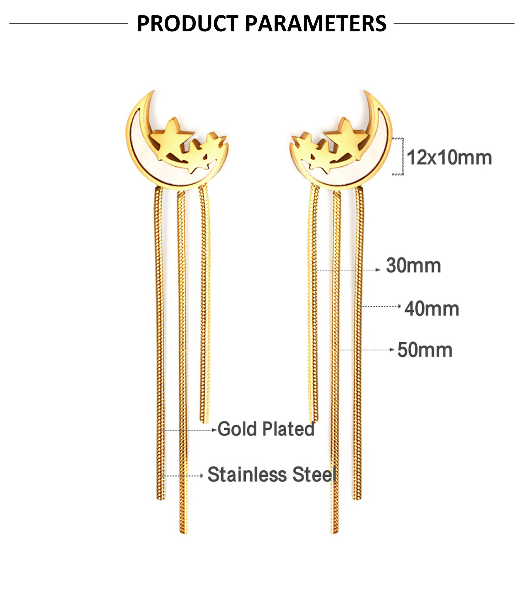 Fashion Moon Heart Shape Lightning Stainless Steel Tassel Plating Inlay Zircon Drop Earrings 1 Pair