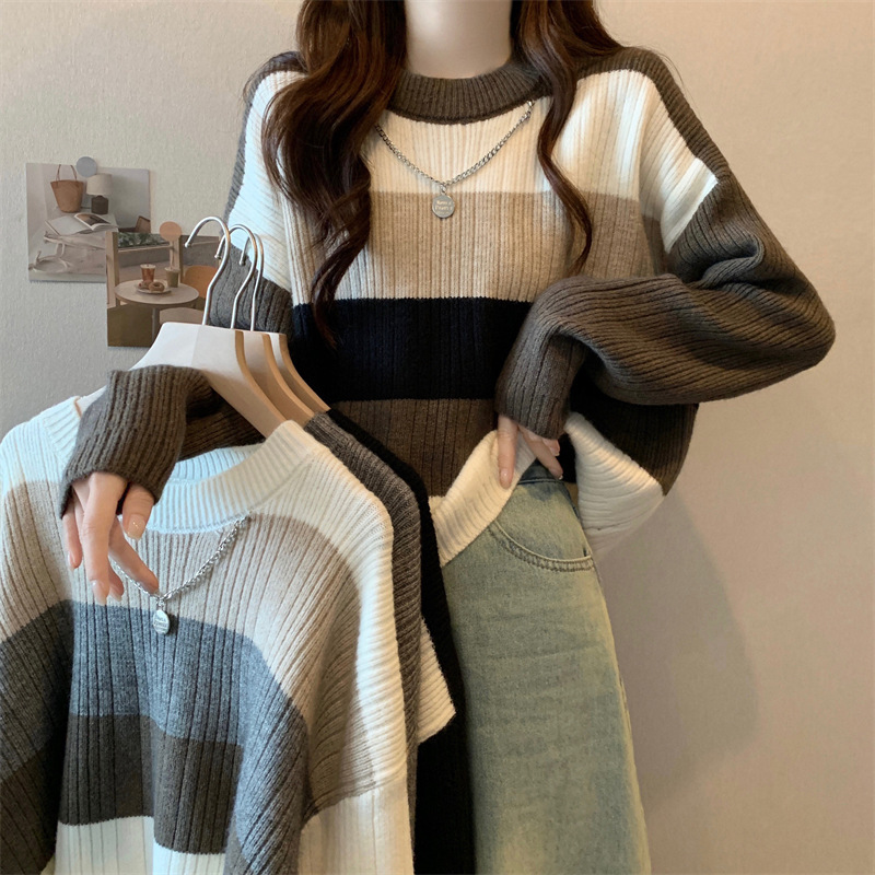 Retro contrast color striped sweater for women autumn and winter New Japanese style lazy soft Nuo pullover short loose fresh trendy top
