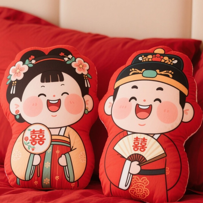无偶新婚陪嫁压床娃娃喜字一对结婚红色抱枕婚庆公仔婚房中式|undefined