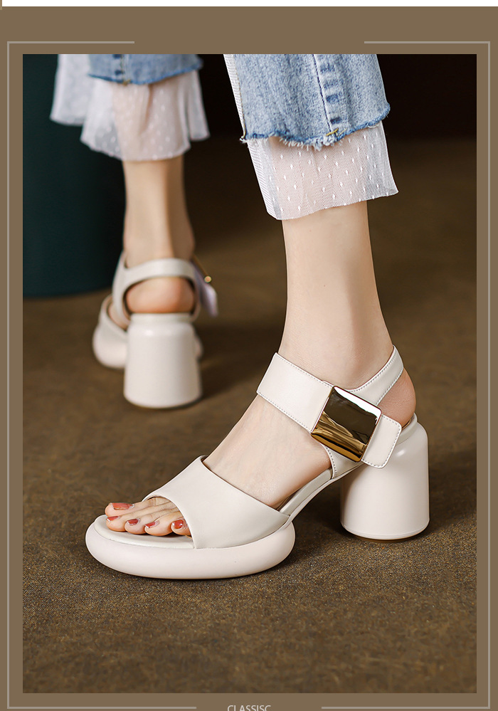 Sandal cao gót nữ mũi hở quai ngang kim loại, đế dày gót vuông, khóa dán — màu đen, màu trắng, màu vàng chi tiết 9