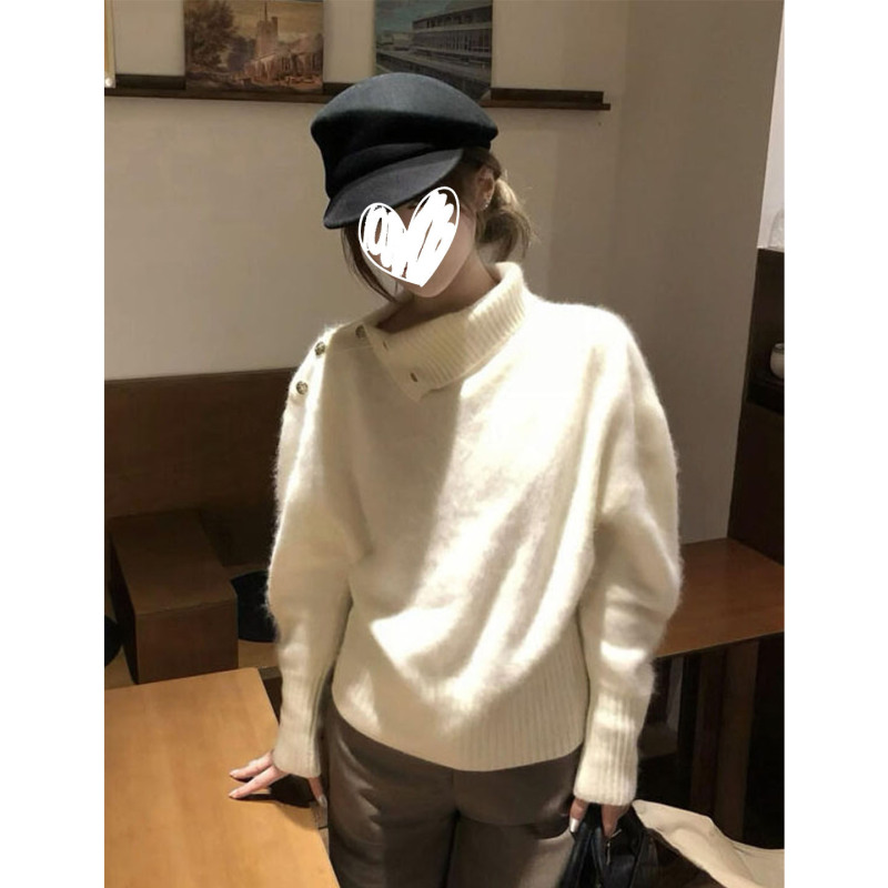 韩系新款毛衣软糯高级感白色长袖不规则翻领女早秋慵懒风宽松上衣|undefined