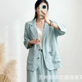 2026春夏新款人字纹亚麻外套女文艺时尚纯色百搭宽松小西装上衣