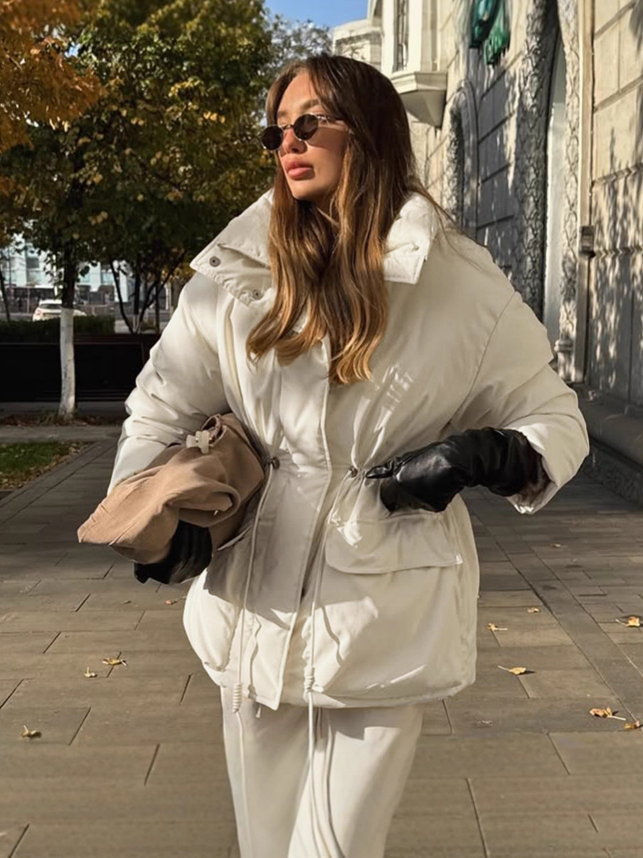 Transfronteriza abrigo de algodón caliente y delgado Europa y los Estados Unidos 2025 invierno nuevo tipo de chaqueta de algodón de cintura de cordón de invierno ropa de algodón de moda mujer