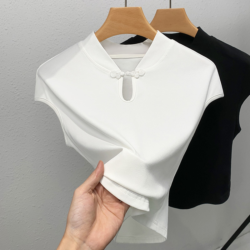 Camiseta de mangas cortas de botón de viento nacional para mujeres 2024 nueva ropa de mujer cuello vertical camiseta de color sólido camiseta de hombro de camisa china