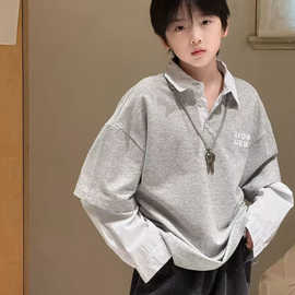男童春秋韩范假两件polo衫卫衣中大童春秋新款酷帅宽松宽松上衣潮