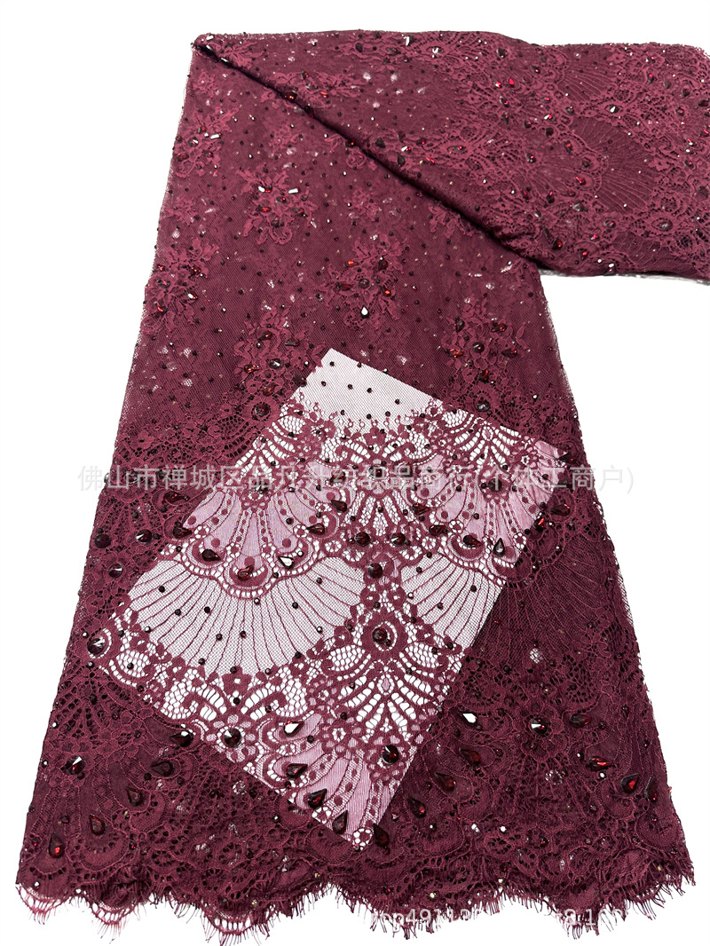 Tejido de encaje retro francés bordado rosa claro tela de malla de perlas de clavos vestido de boda
