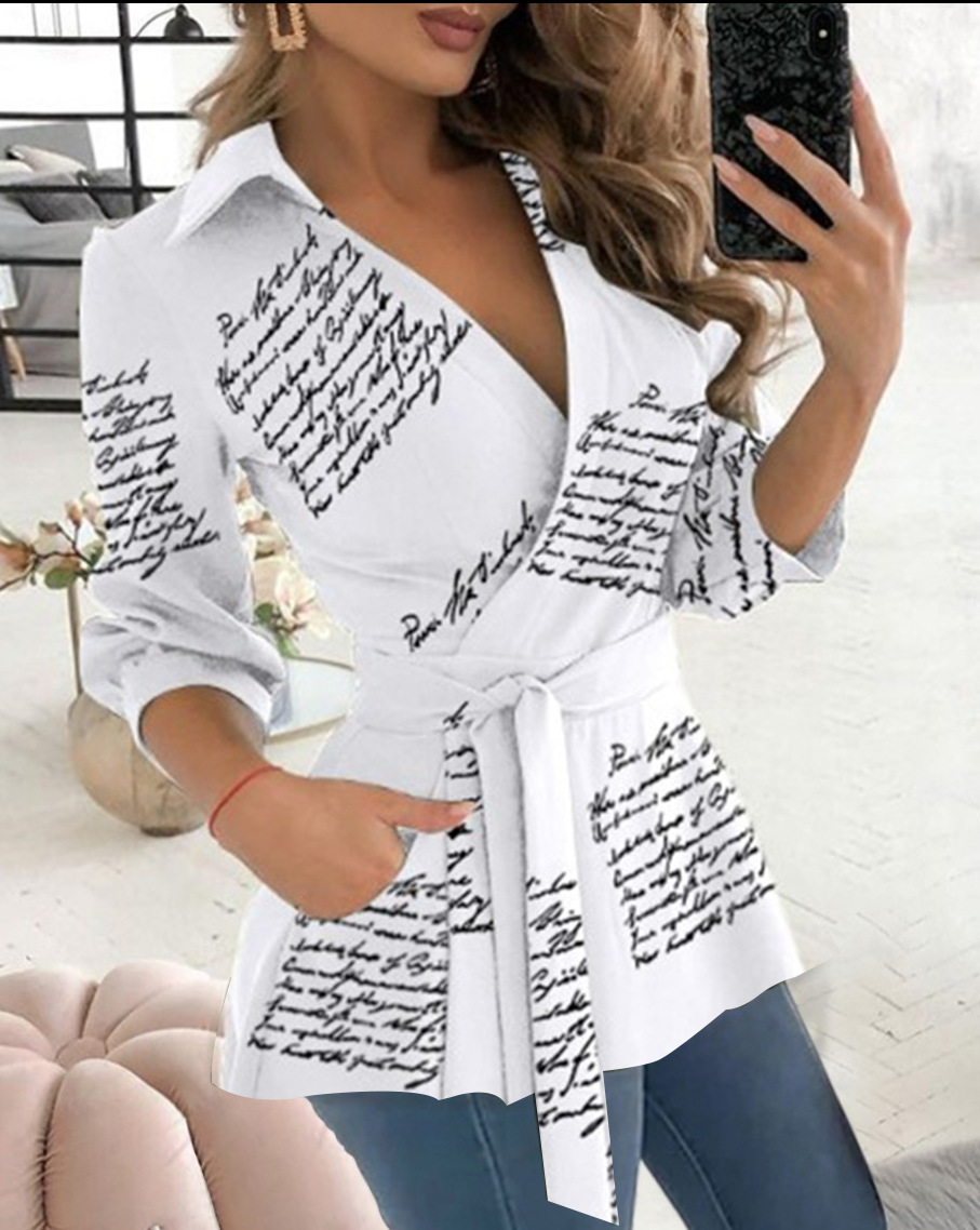 2023 estación independiente deseo Amazon popular otoño nuevo impreso manga larga cuello en V cinturón camisa para las mujeres