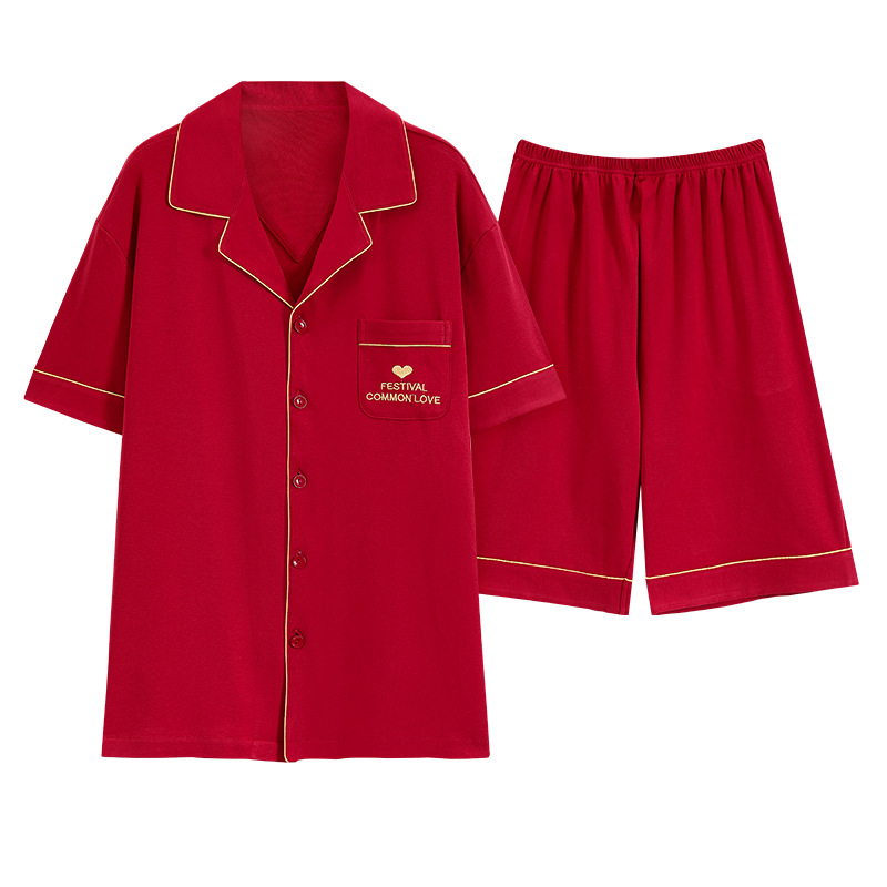 Pijamas de boda para recién casados 2025 para hombre, conjunto de verano de algodón puro de manga corta y pantalones cortos, holgado, rojo brillante, para el hogar, con diseño del año del zodiaco