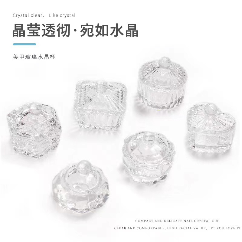 Suministro directo transfronterizo nueva manicura taza de cristal con tapa especial en forma de lavado de uñas Cristal líquido Copa de lavado de uñas Copa para manicura