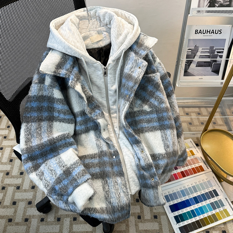 Men's Thickened Faux Two-Piece Hooded Wool Plaid Cotton Jacket Trendy Youth Casual Loose Jacket Coat