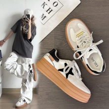 真皮脏脏鞋韩版圆头做旧厚底面包鞋复古拼接休闲风百搭星星板鞋女