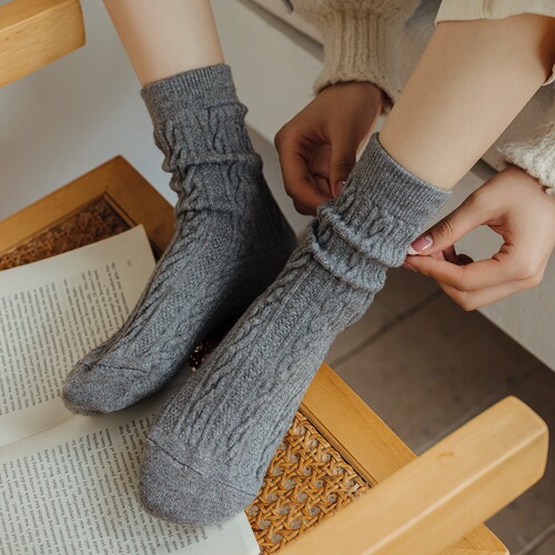 Wool socks for women in autumn and winter mid-calf socks thickened stockings winter warm twist cashmere solid color confinement socks