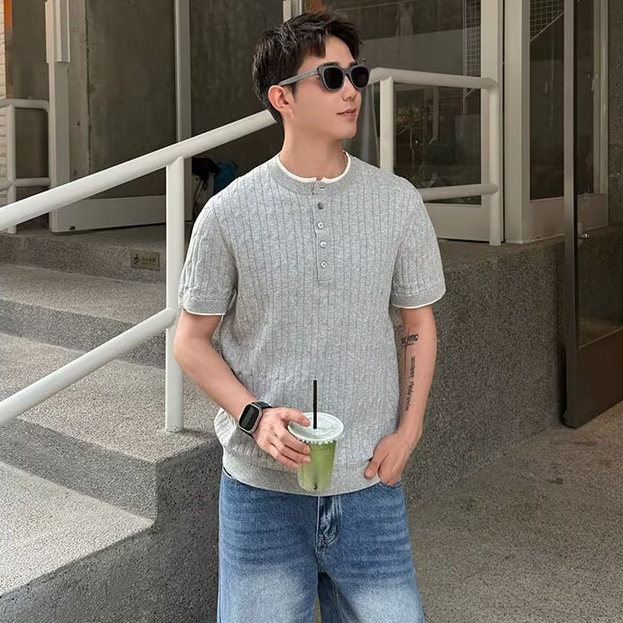 Camiseta de punto de manga corta camiseta hombre estriado textural agujero viejo viento de hielo seda fábrica transfronteriza al por mayor