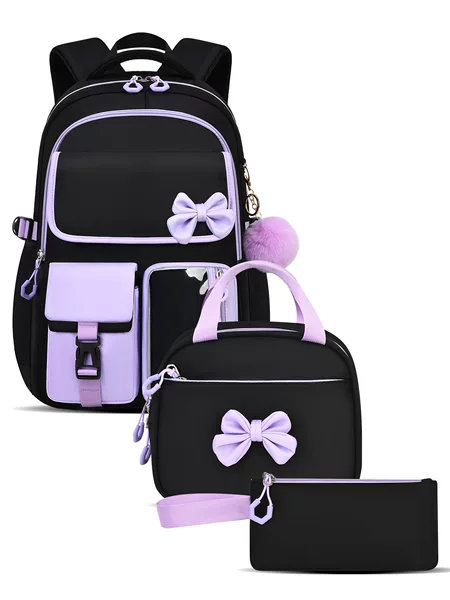 Amazon's Popular Large-Capacity Bow-Tie Three-Piece Backpack Set for Female Junior High School Students, High School Students, and College Students