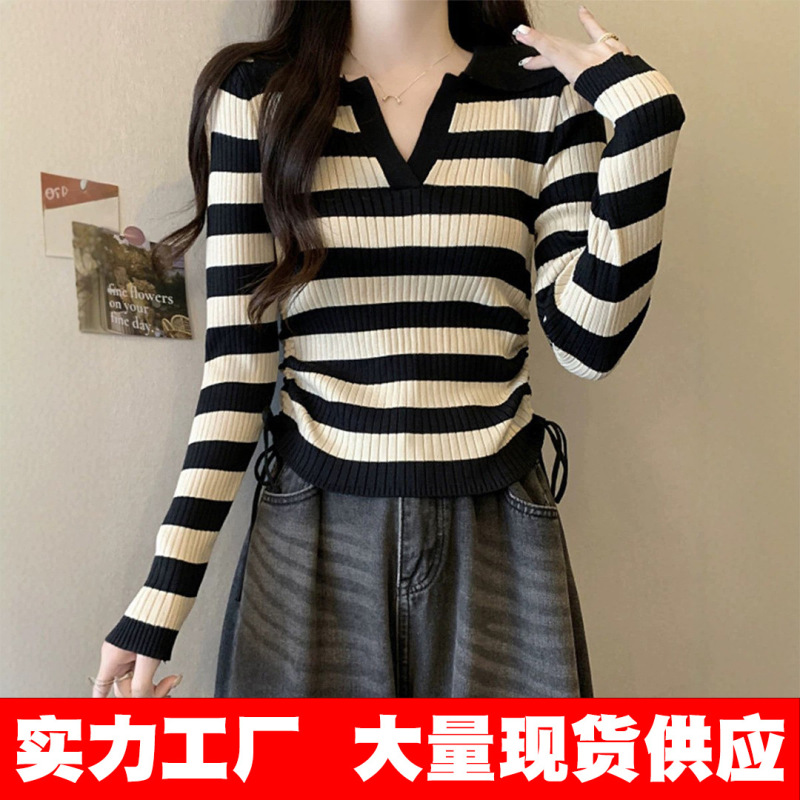 Mercerized cotton fabric striped knitted base shirt for women, autumn style, stylish V-neck sweater, inner layer with a stylish drawstring top Mercerized cotton fabric striped knitted base shirt for women, autumn style, stylish V-neck sweater, inner layer with a stylish drawstring top