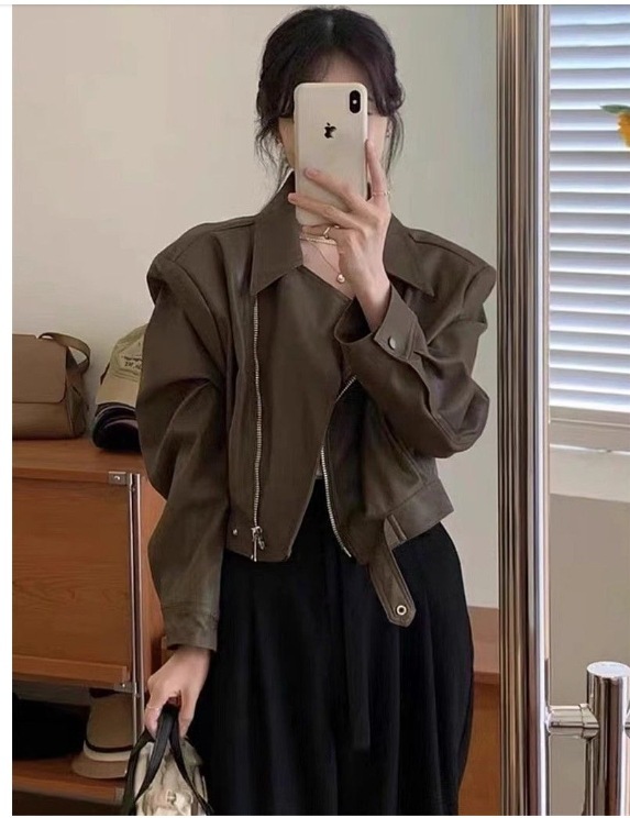 咖色pu皮衣外套女短2025春季宽松小个子复古港风长袖机车夹克上衣|undefined