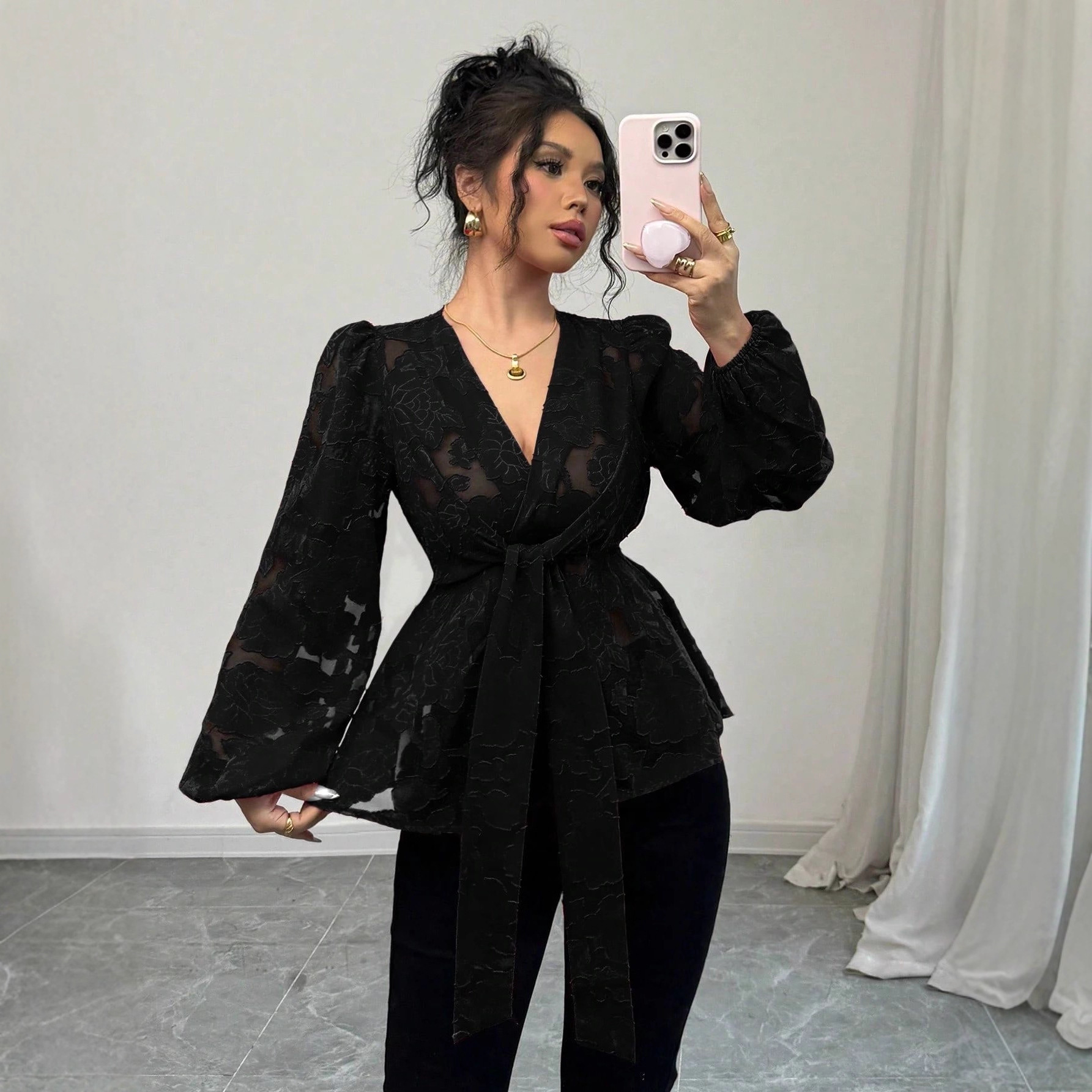 欧美女装跨境时尚爆款春秋季新款时尚性感半透明长袖V领女士衬衫