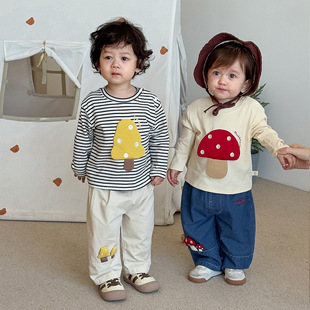 Children's Patchwork Base Shirt 2025 New Autumn Boys' Stylish Mushroom T-Shirt Baby Super Cute Striped Top Trend