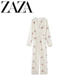 ZAZA 自制欧美风 批发女装 时尚百搭气质印花长袖V领拉链连体裤
